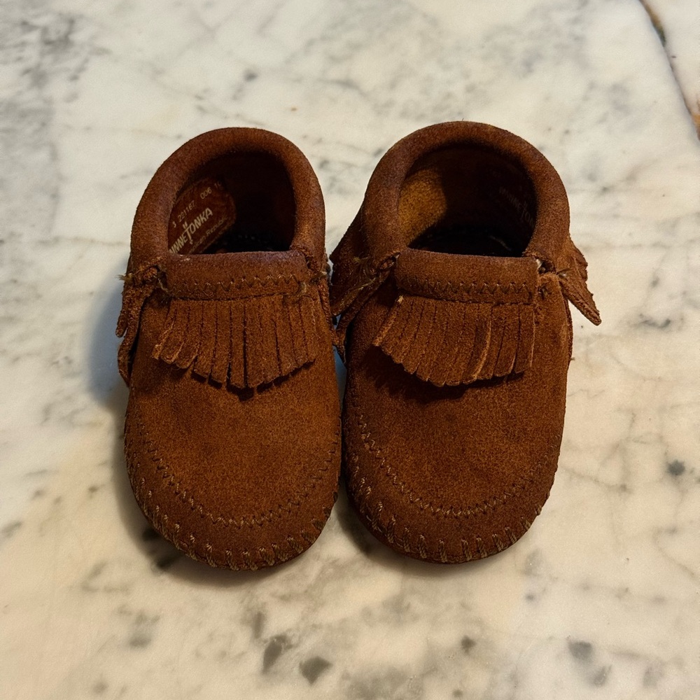 Minnetonka Kids Moccasins in Rich Brown Suede
